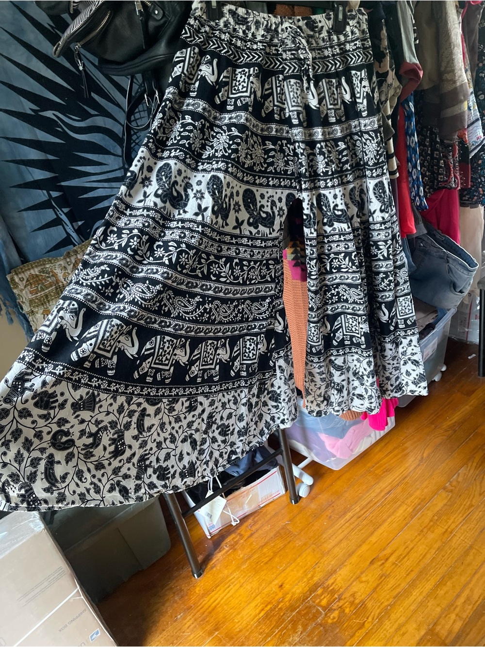 Black & White Boho Elephant Print Wide Leg Flowy Pants